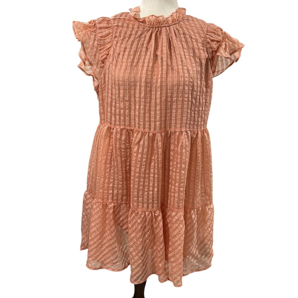 NEW Umgee Seersucker Tiered Coral Peach Mini Dress Sheer Layer Size M